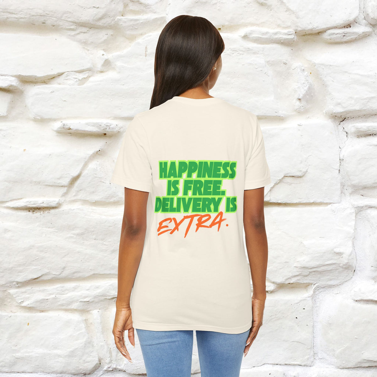 "“Happiness is free. Delivery is extra.” | Cat T-Shirt | Front & Back Design | Nunu&Miao Studio