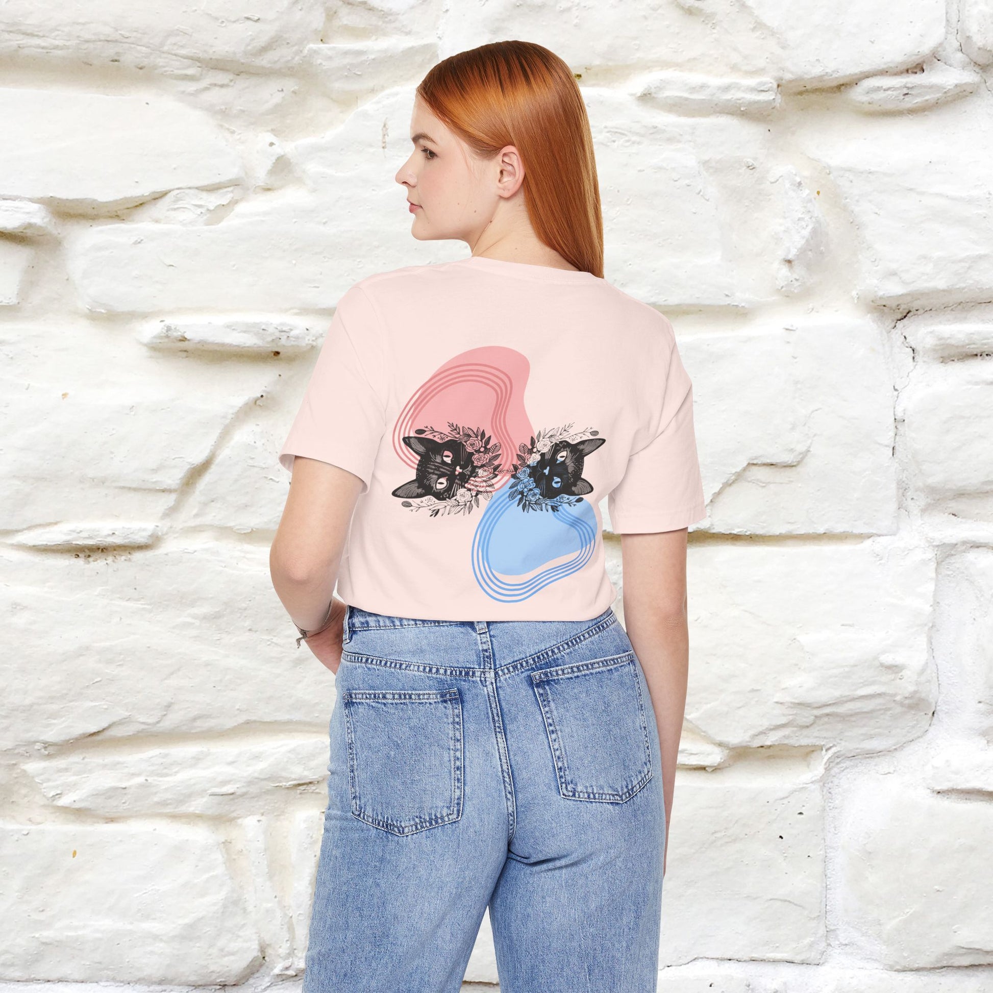 ''Pink and Blu'' Cat T-Shirt Front and Back Design | Nunu&Miao Studio - Nunu&Miao Studio