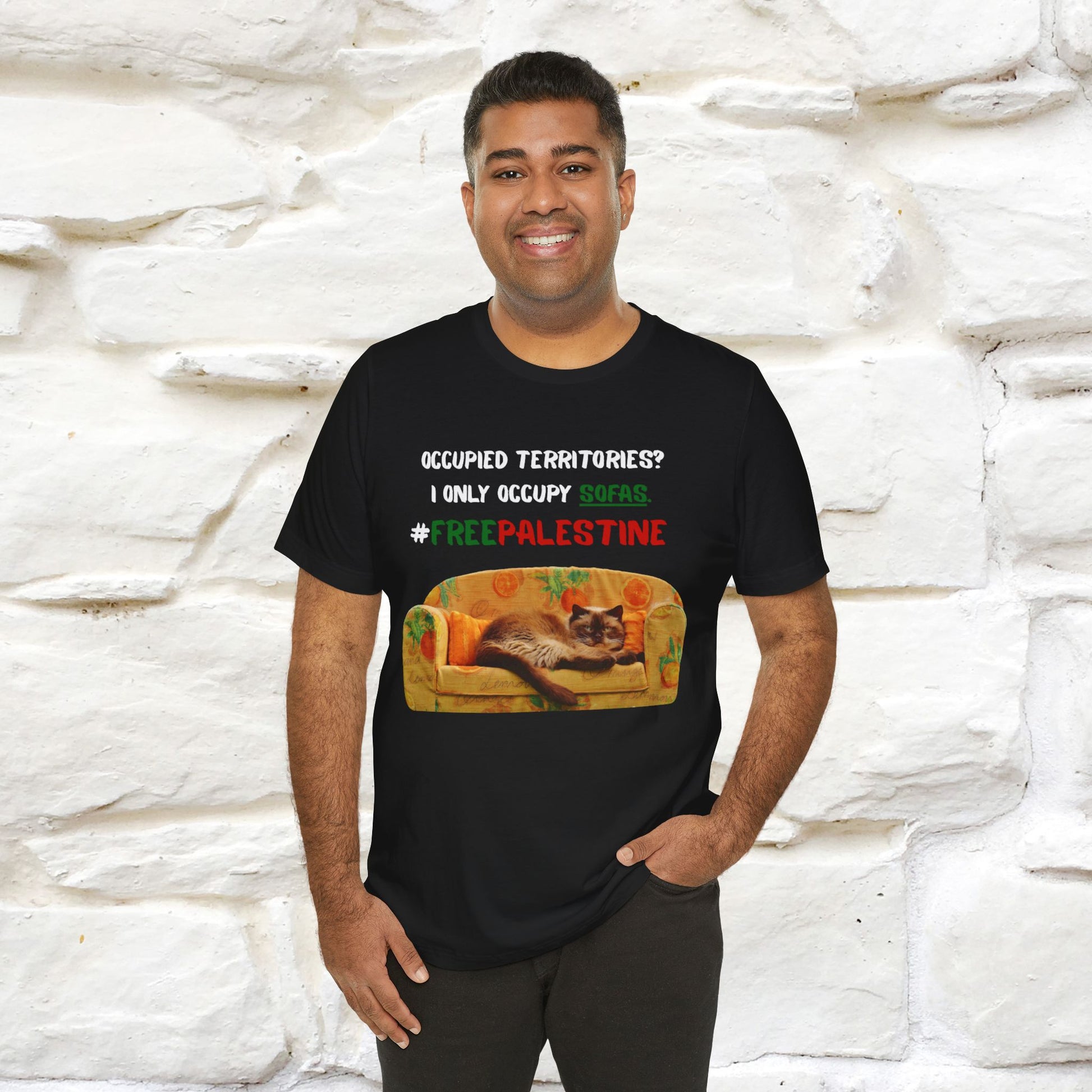 "Occupied territories?  I only occupy sofas. FreePalestine" Cat T-shirt |Nunu&Miao Studio - Nunu&Miao Studio