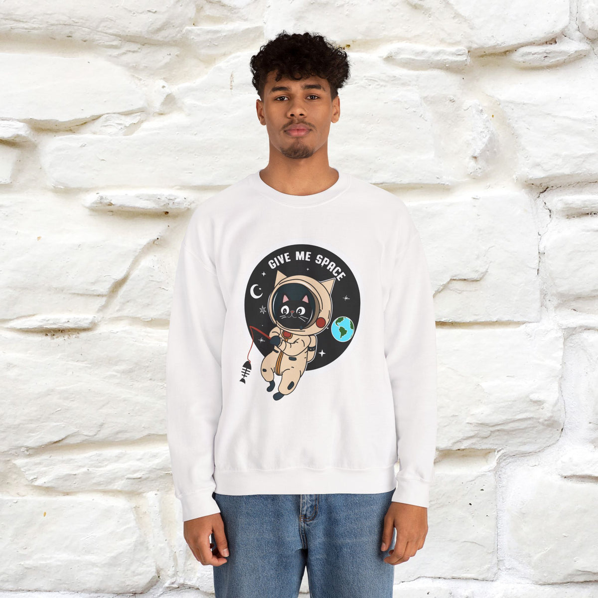 Artistic cat sweatshirt with “Give Me Space, Art”  cat design