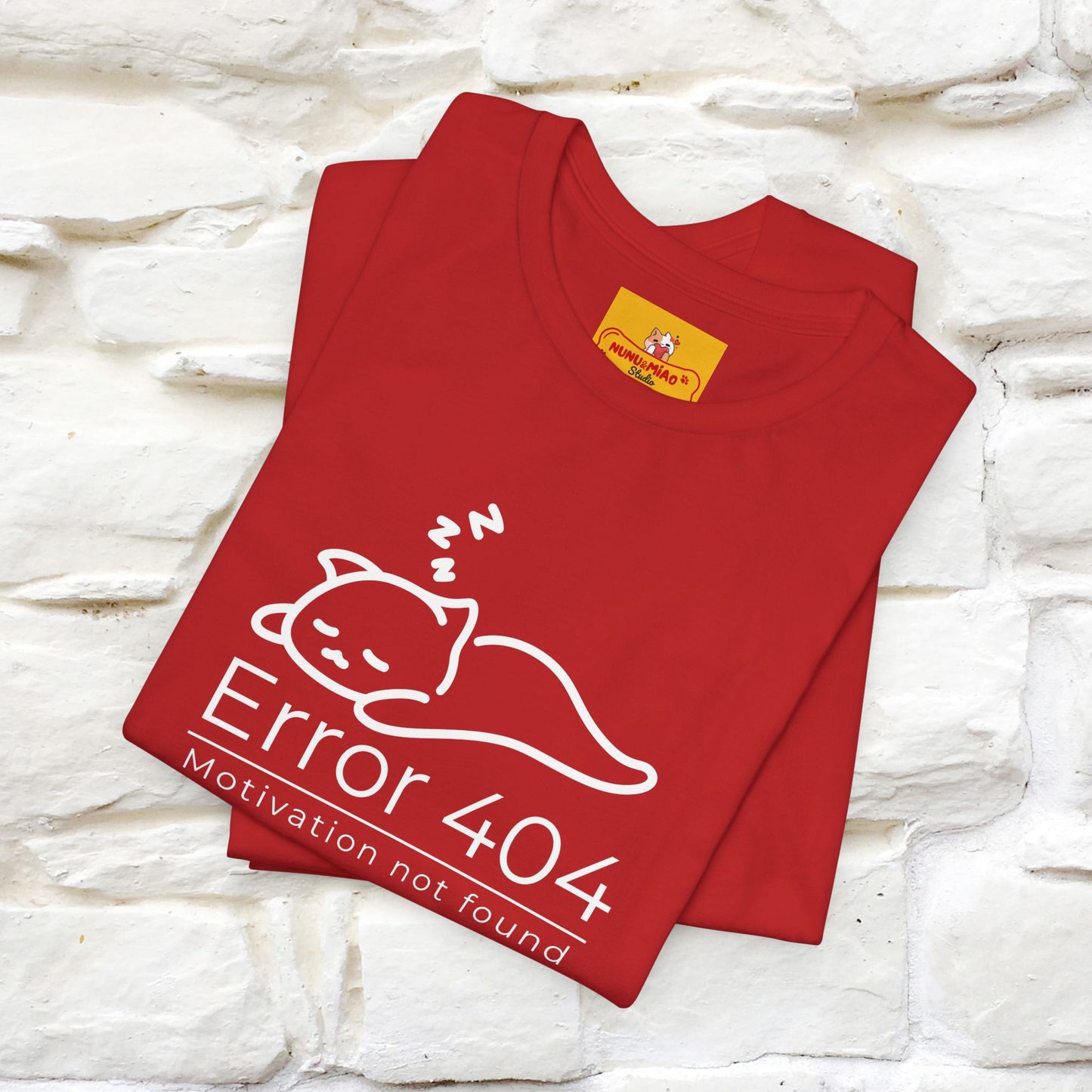 ''Error 404 Motivation Not Found'' Cat T-Shirt Front and Back Design | Nunu&Miao Studio - Nunu&Miao Studio