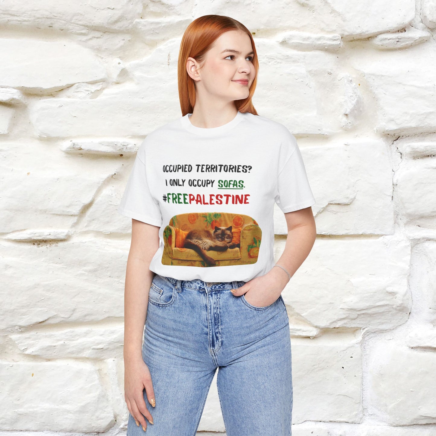 "Occupied territories?  I only occupy sofas. FreePalestine" Cat T-shirt |Nunu&Miao Studio - Nunu&Miao Studio
