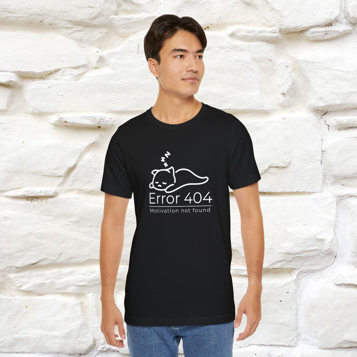 ''Error 404 Motivation Not Found'' Cat T-Shirt Front and Back Design | Nunu&Miao Studio - Nunu&Miao Studio