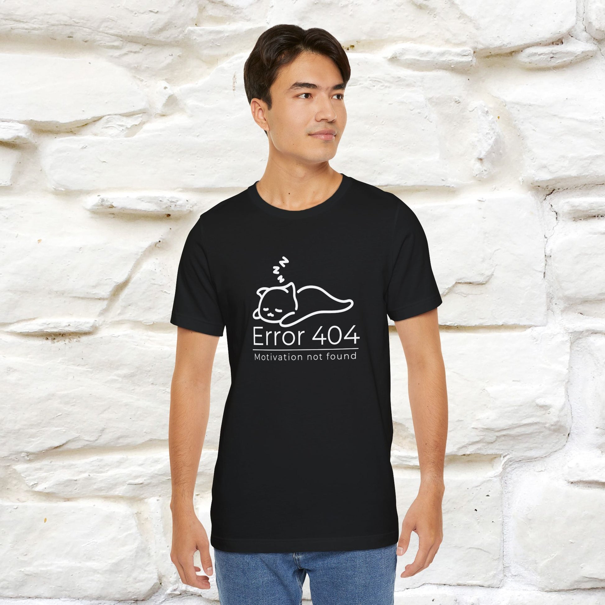 ''Error 404 Motivation Not Found'' Cat T-Shirt Front and Back Design | Nunu&Miao Studio - Nunu&Miao Studio