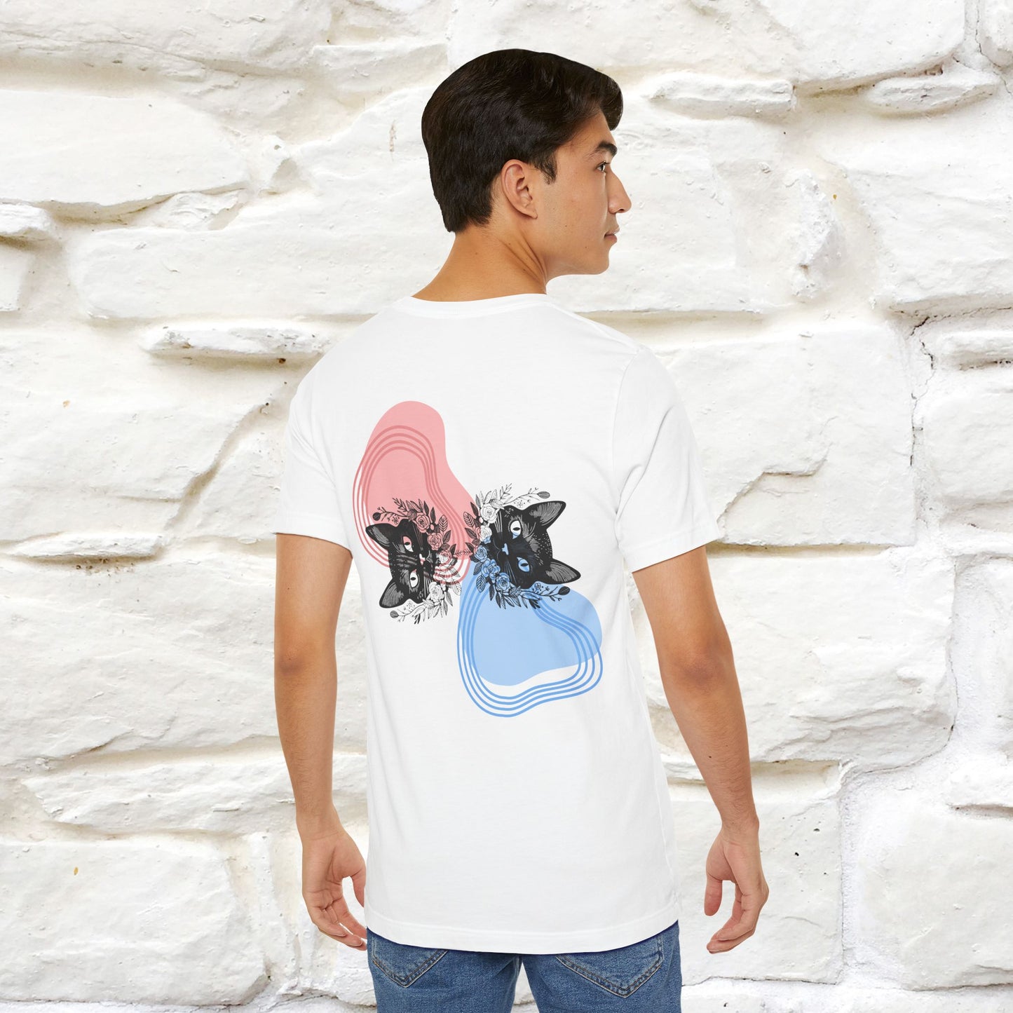 ''Pink and Blu'' Cat T-Shirt Front and Back Design | Nunu&Miao Studio - Nunu&Miao Studio