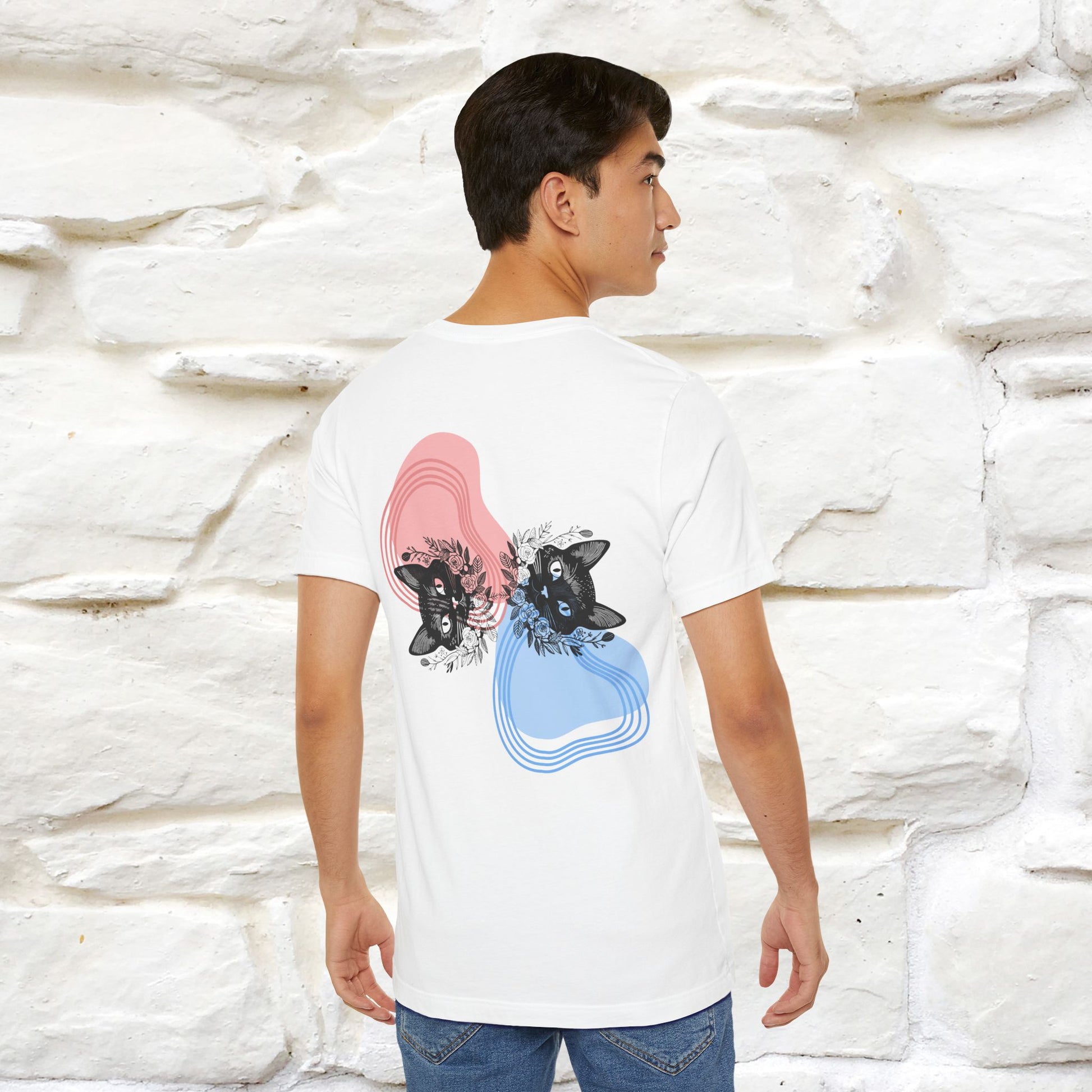 ''Pink and Blu'' Cat T-Shirt Front and Back Design | Nunu&Miao Studio - Nunu&Miao Studio