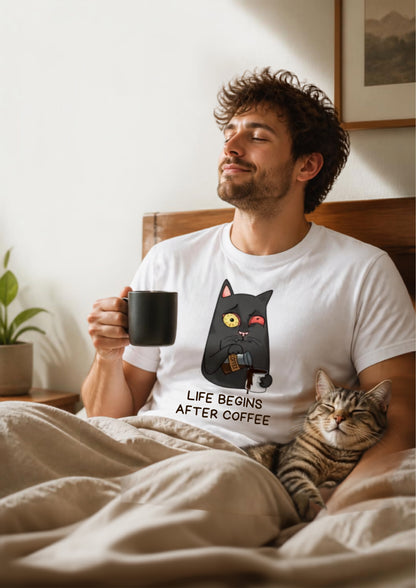''Life Begings After Coffe''  Cat T-shirt for Men and Women  100% Cotton*