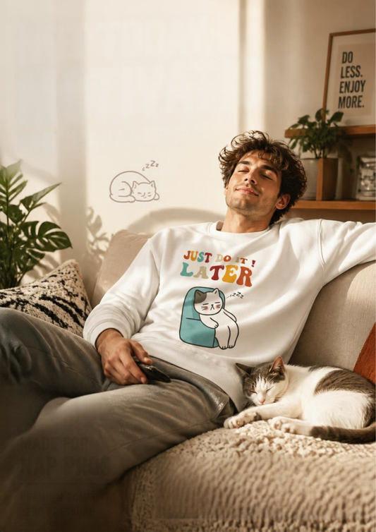 Funny cat sweatshirt with “Not Today, Motivation” and sleepy cat design