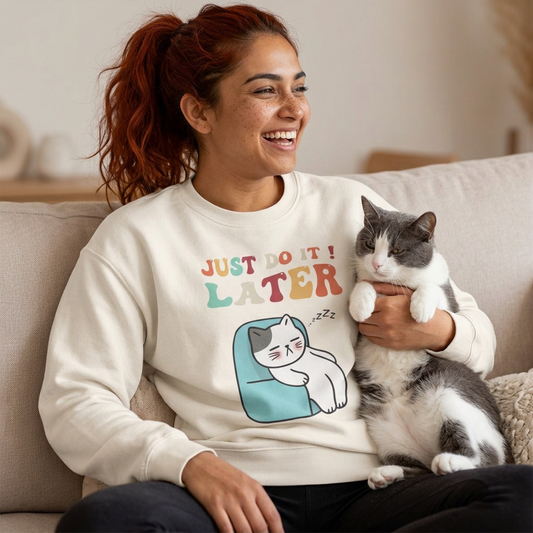 Funny cat sweatshirt with “Not Today, Motivation” and sleepy cat design