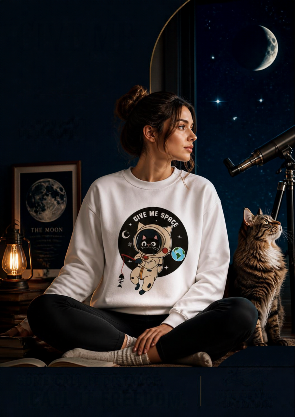 Artistic cat sweatshirt with “Give Me Space, Art”  cat design