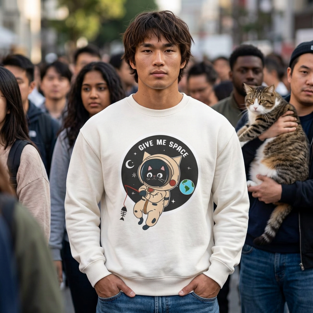 Artistic cat sweatshirt with “Give Me Space, Art”  cat design