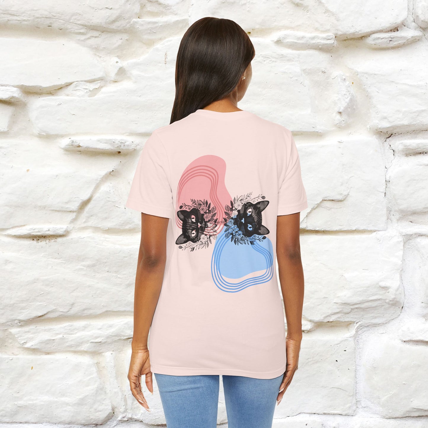 ''Pink and Blu'' Cat T-Shirt Front and Back Design | Nunu&Miao Studio - Nunu&Miao Studio