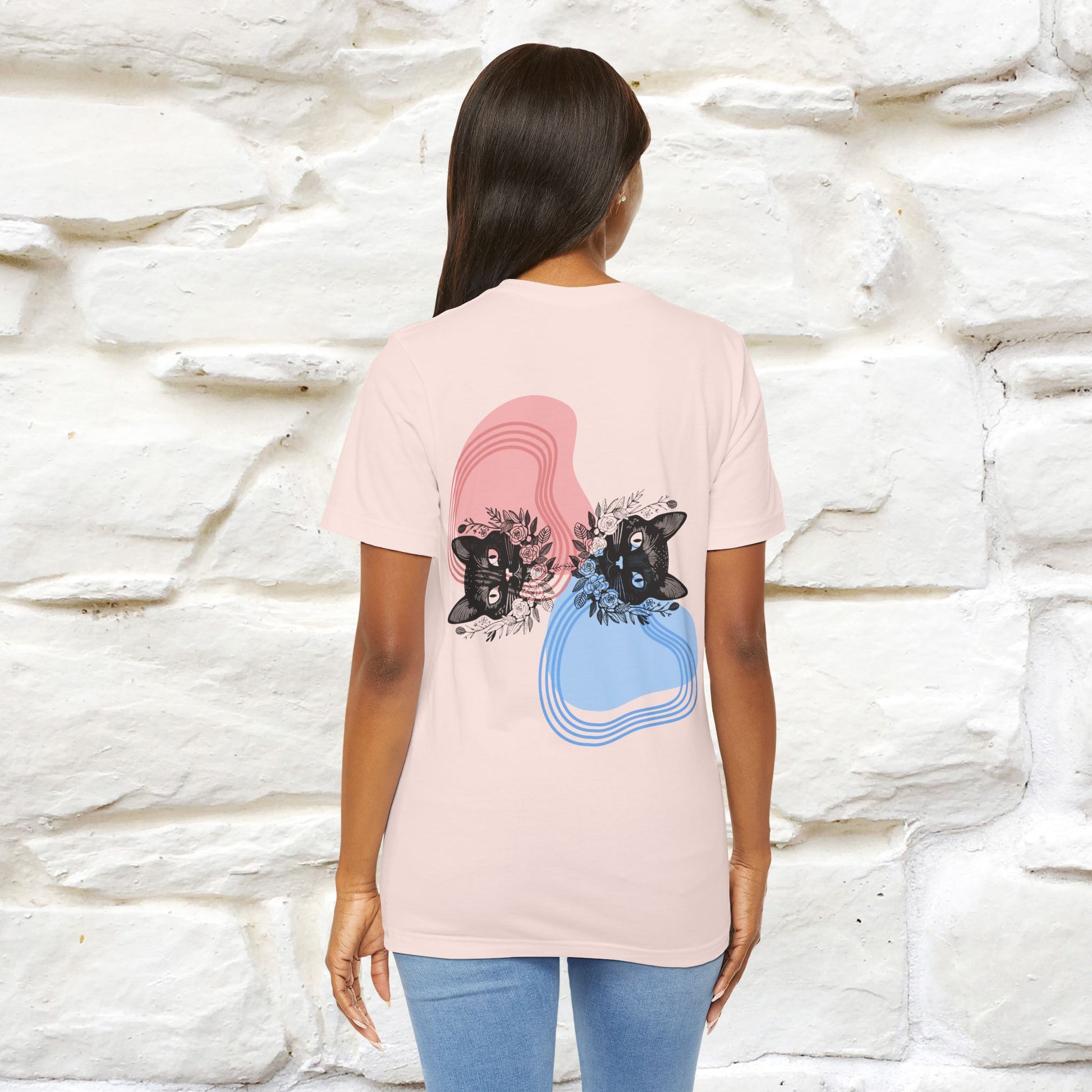 ''Pink and Blu'' Cat T-Shirt Front and Back Design | Nunu&Miao Studio - Nunu&Miao Studio