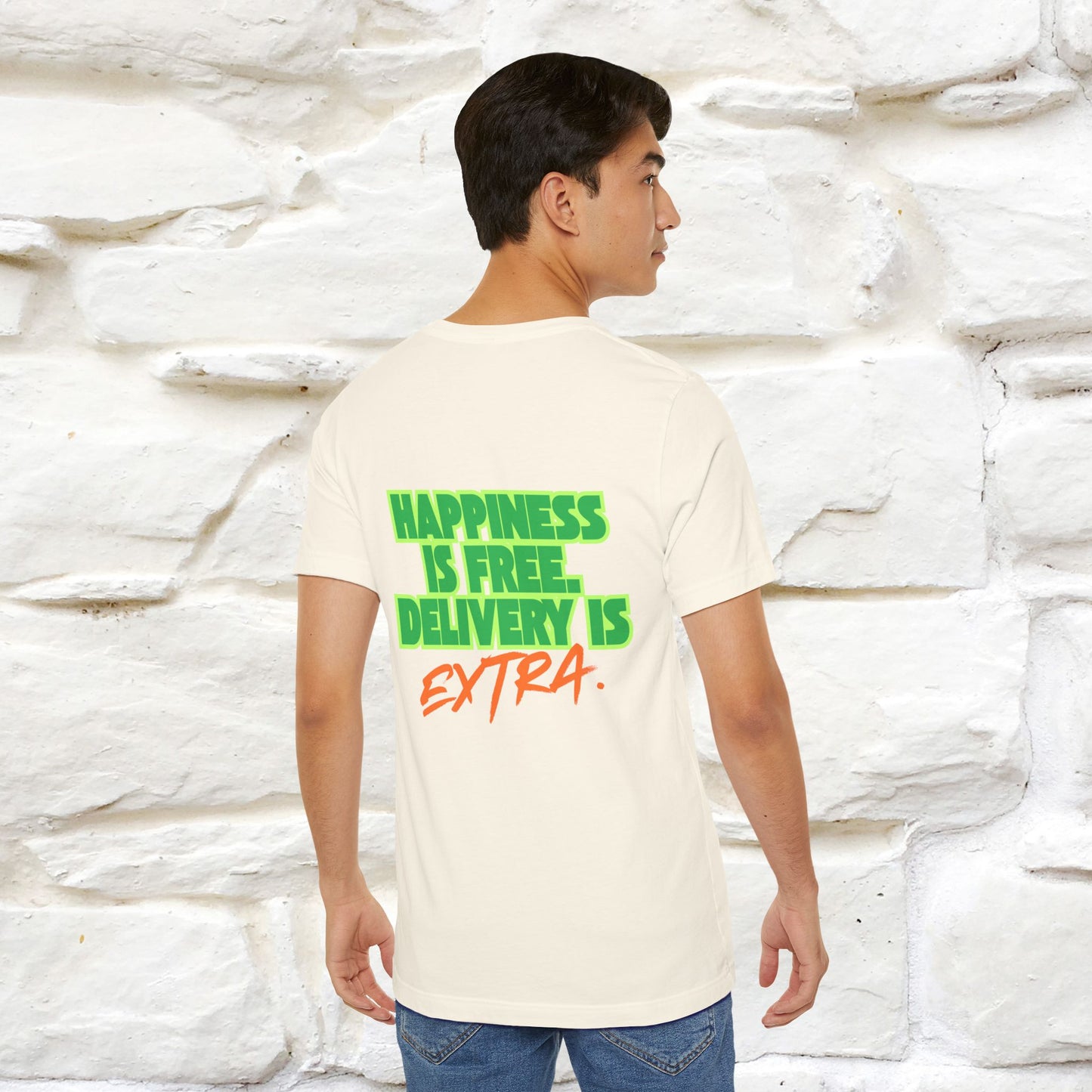 "“Happiness is free. Delivery is extra.” | Cat T-Shirt | Front & Back Design | Nunu&Miao Studio