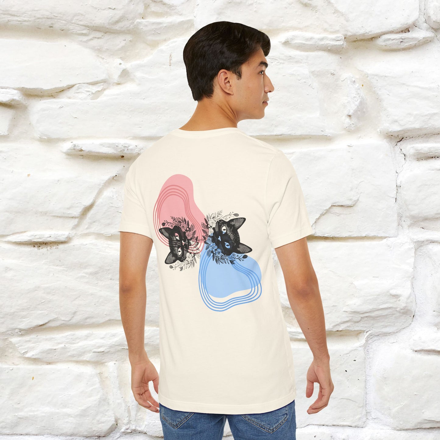 ''Pink and Blu'' Cat T-Shirt Front and Back Design | Nunu&Miao Studio - Nunu&Miao Studio