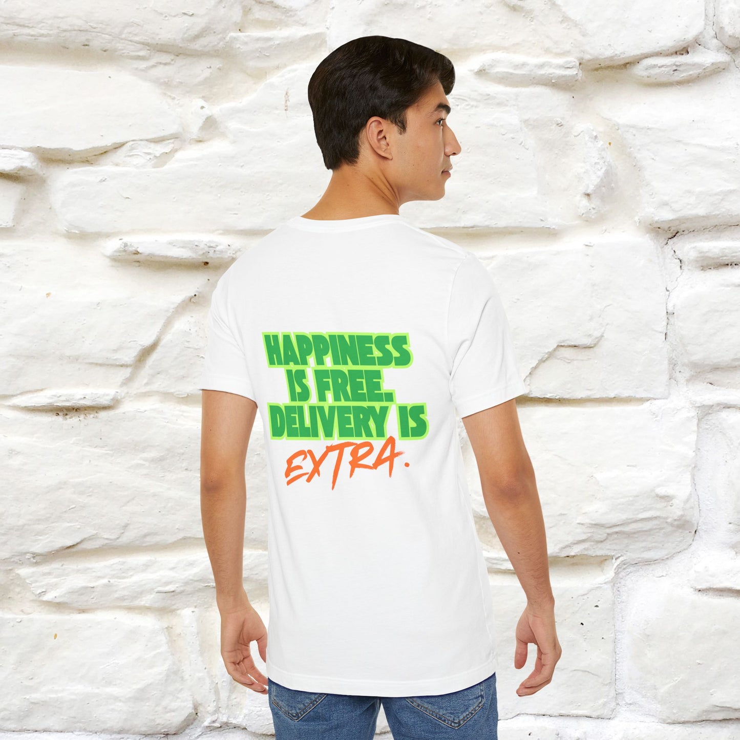 "“Happiness is free. Delivery is extra.” | Cat T-Shirt | Front & Back Design | Nunu&Miao Studio