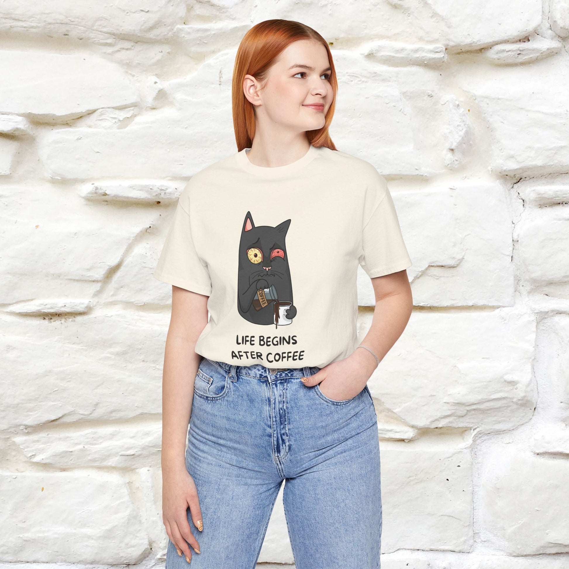 ''Life Begings After Coffe''  Cat T-shirt for Men and Women  100% Cotton* - Nunu&Miao Studio