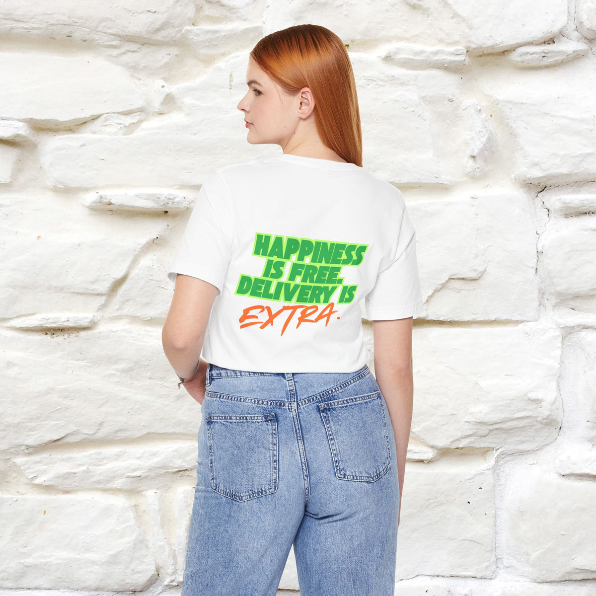 "“Happiness is free. Delivery is extra.” | Cat T-Shirt | Front & Back Design | Nunu&Miao Studio