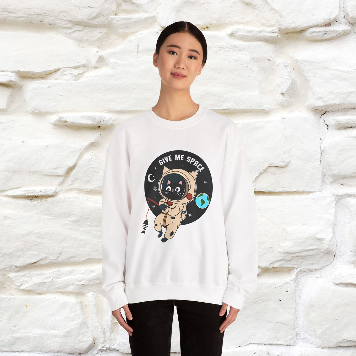 Artistic cat sweatshirt with “Give Me Space, Art”  cat design