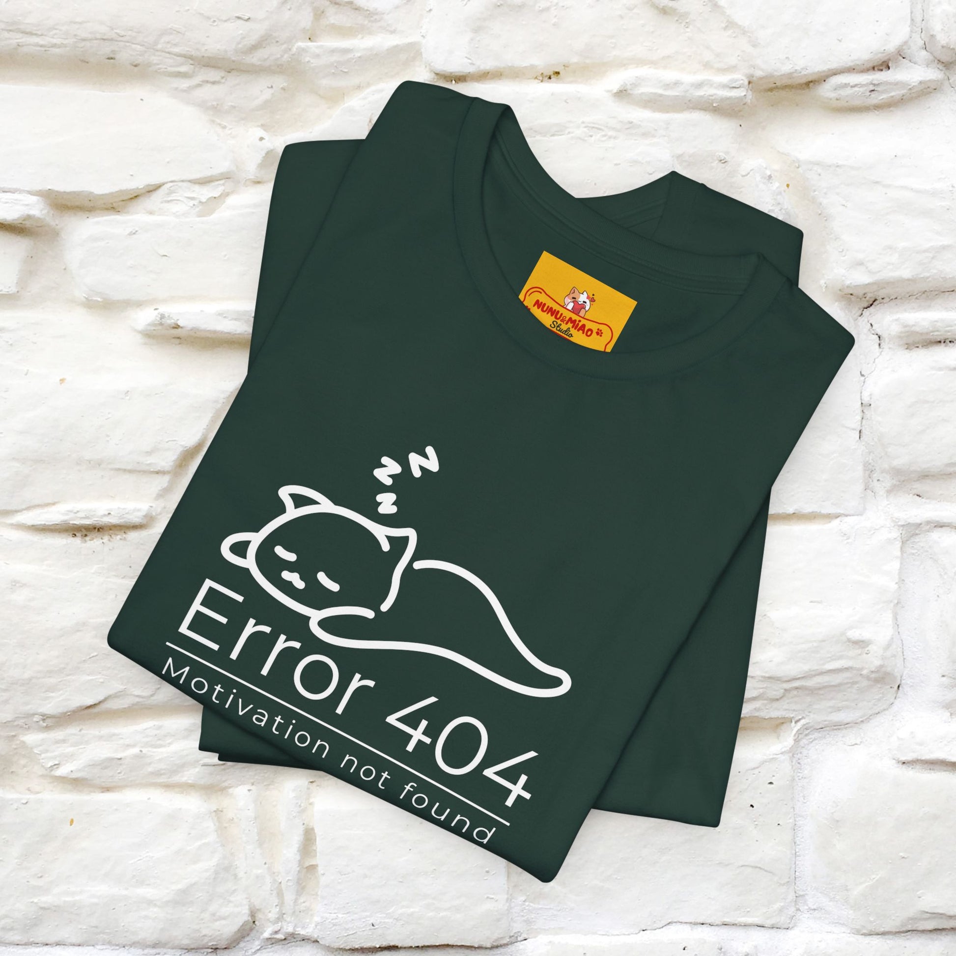 ''Error 404 Motivation Not Found'' Cat T-Shirt Front and Back Design | Nunu&Miao Studio - Nunu&Miao Studio