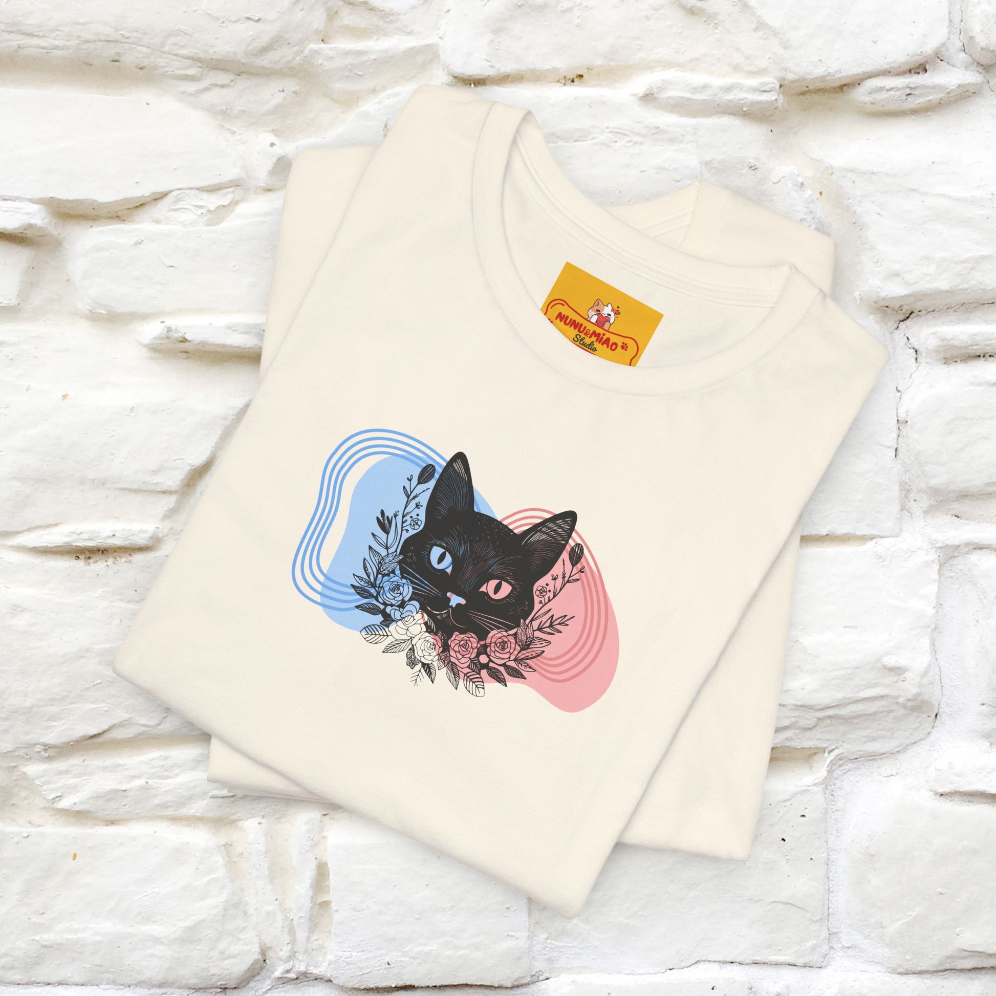 ''Pink and Blu'' Cat T-Shirt Front and Back Design | Nunu&Miao Studio - Nunu&Miao Studio