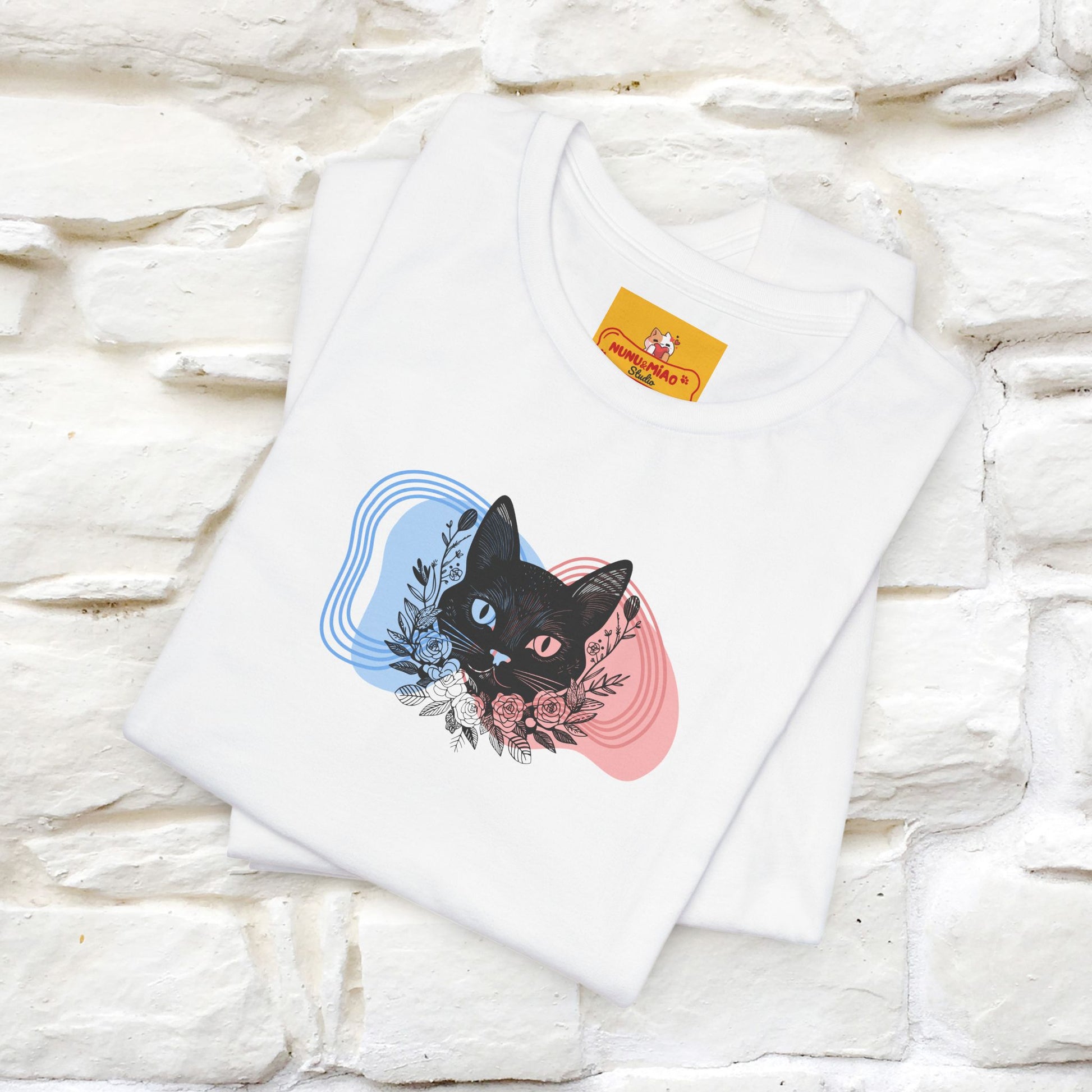 ''Pink and Blu'' Cat T-Shirt Front and Back Design | Nunu&Miao Studio - Nunu&Miao Studio