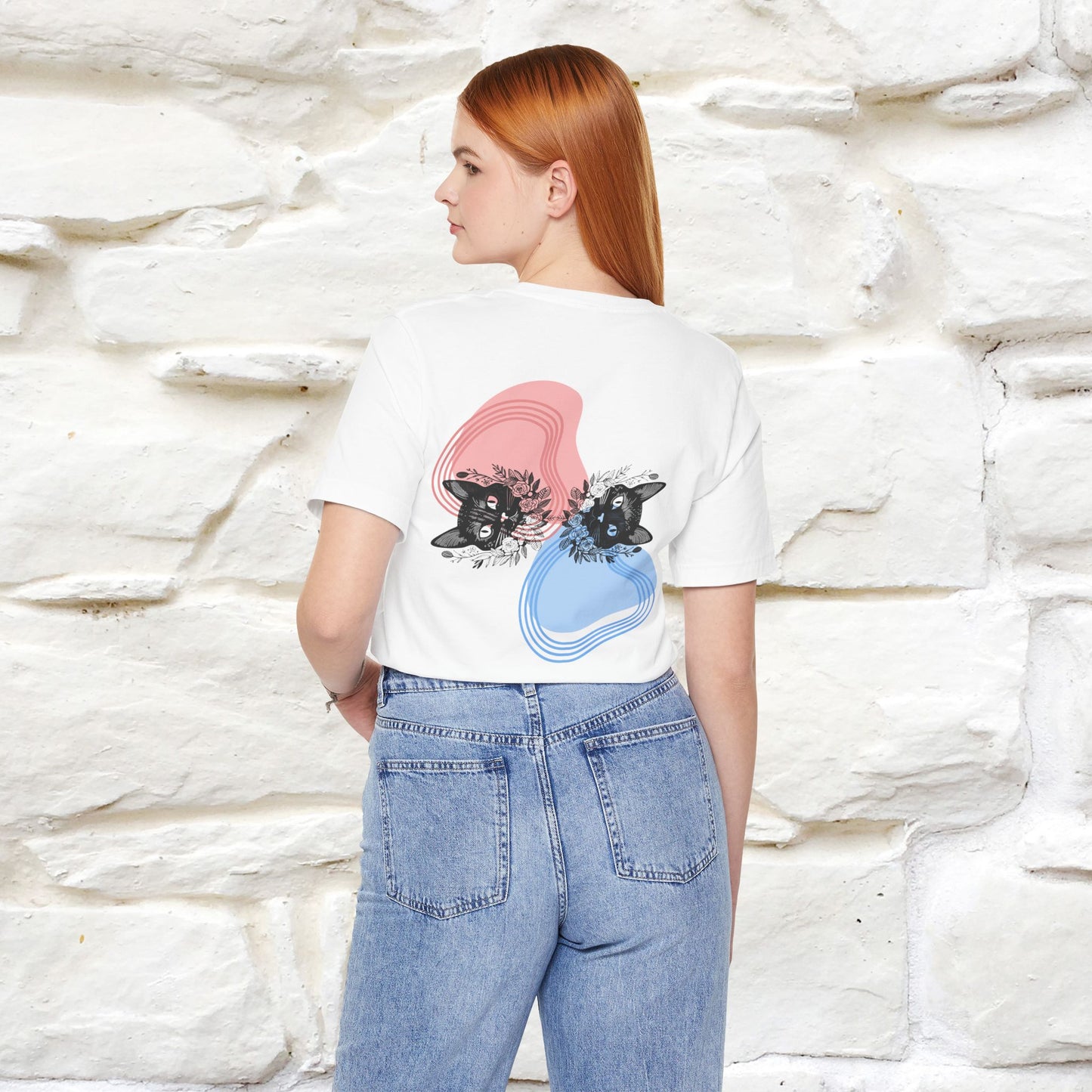 ''Pink and Blu'' Cat T-Shirt Front and Back Design | Nunu&Miao Studio - Nunu&Miao Studio