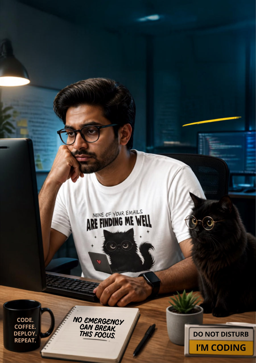 "None of your Emails Are Finding Me Well" Cat T-Shirt for Men & Women | Funny Design | 100% Cotton