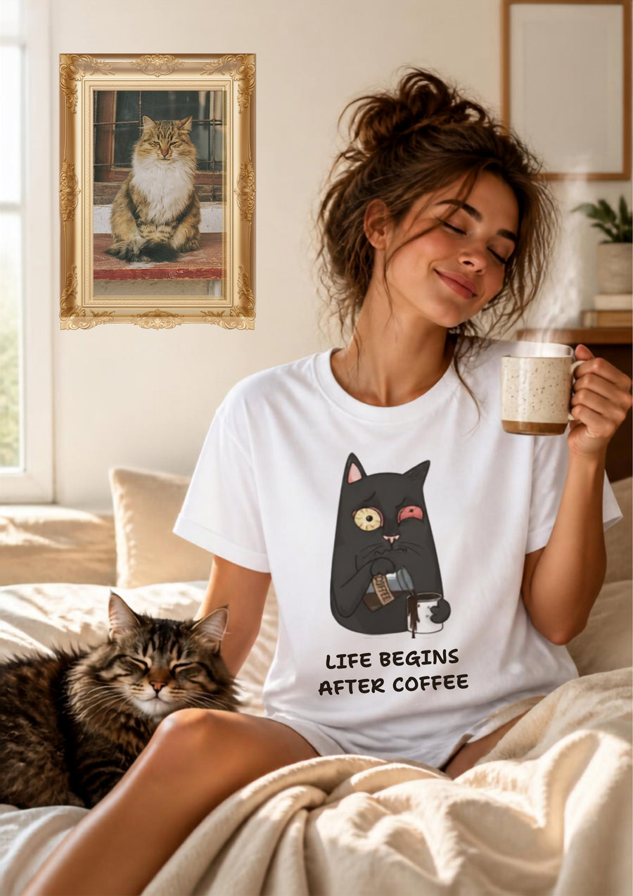 ''Life Begings After Coffe''  Cat T-shirt for Men and Women  100% Cotton*